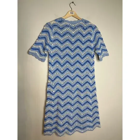 NEW Ganni Cotton Crochet Light Blue and White Short Sleeve Mini Dress Sz: Medium